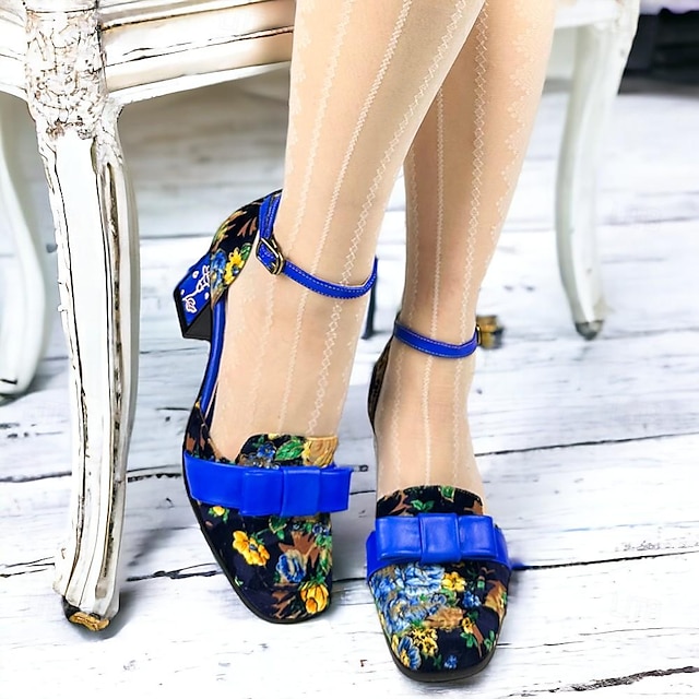  Pentru femei Sandale Pantofi de epocă Pantofi lucrați manual Pantofi de epocă Nuntă Petrecere Floral Vară Funde Blocați călcâiul Talon fantezist Vârf rotund Elegant Epocă Piele Premium Buclă Albastru
