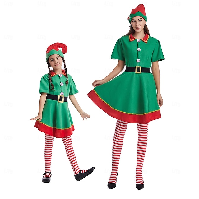  Elf Kerstmanpakken Dames Voor meisjes Cosplay Kostuum Kerstmis Kerstmis kerstavond Kinderen Volwassenen Feest Kerstmis Polyesteri Kleding Riem Sokken Hoed