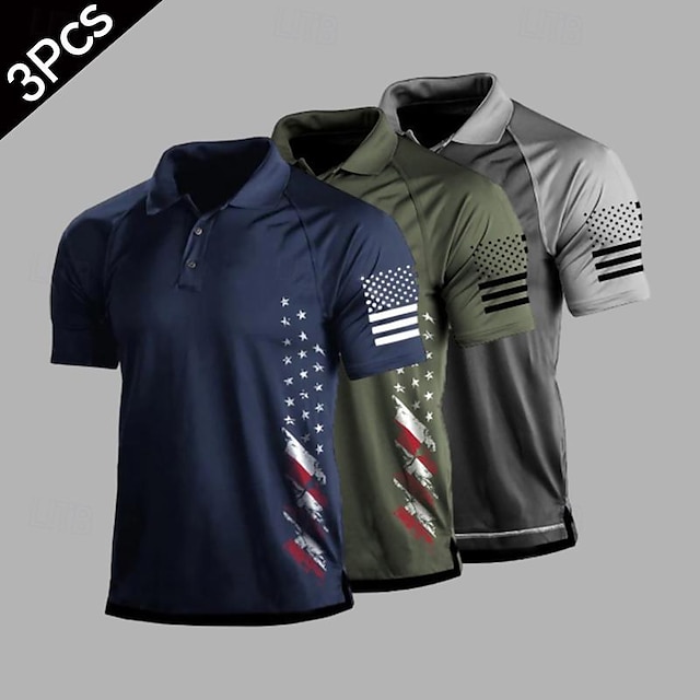  Multi Packs 3pcs Men's Lapel Short Sleeves Navy Blue+Army Green+Grey Button Up Polos Golf Shirt Golf Polo National Flag Daily Wear Vacation Polyester Spring & Summer