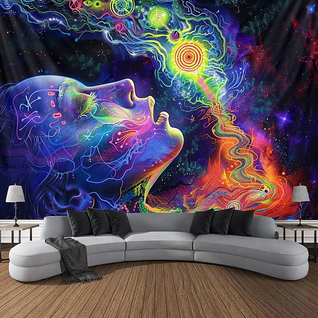 Blacklight Tapestry UV Reactive Glow in the Dark Glow Party Neon Arty Woman Psychedelic Trippy Misty Hanging Tapestry Wall Art Mural for Living 21