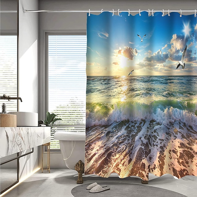  Cortina de ducha con estampado de paisaje de agua de mar y playa con gancho, moderno baño mecanizado de poliéster impermeable