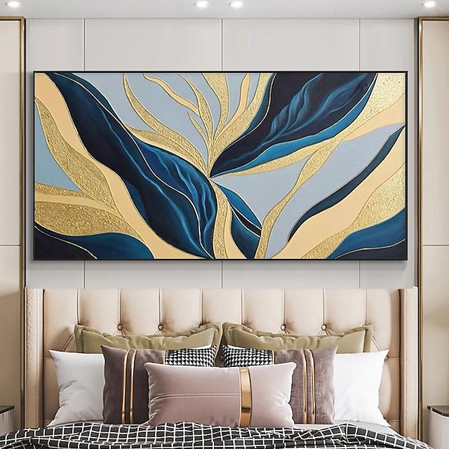  großes abstraktes Bild original blau beige Malerei abstrakte Kunst minimalistische abstrakte Malerei Gold Malerei Wand Leinwand Gemälde kein Rahmen