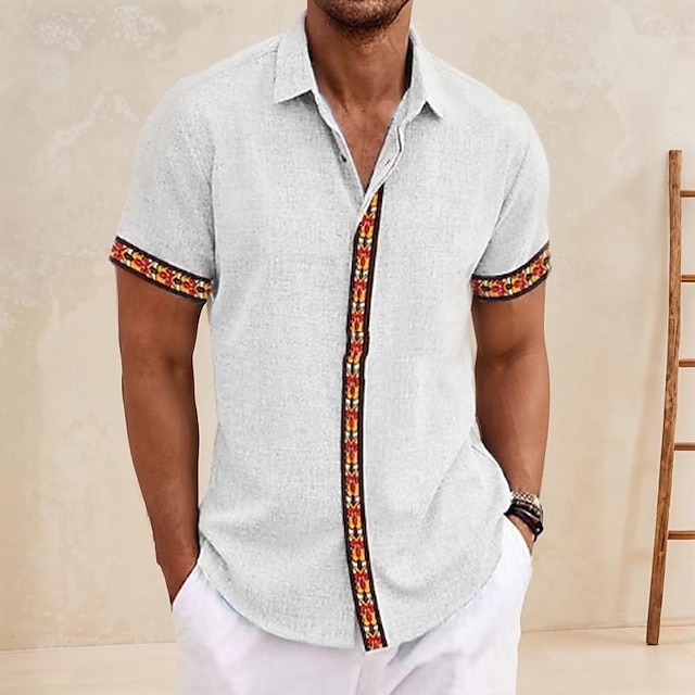  Hombre Camisa Camisa de lino Camisa casual Remera de algodón Bloque de color Vacaciones Calle Negro Blanco Azul cielo Gris Manga Corta Cuello Vuelto Verano Ropa Abotonar