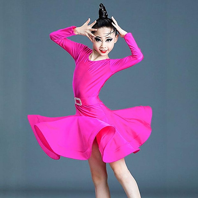  Latin Dance Kids' Dancewear Dress Pure Color Splicing Girls' Performance Training Long Sleeve High Polyester