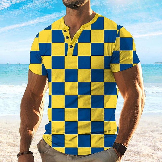 Colorful Holiday X Designer Kris Men's Plaid Printed Henley Shirt Short Sleeve Button-Up T Shirt 6