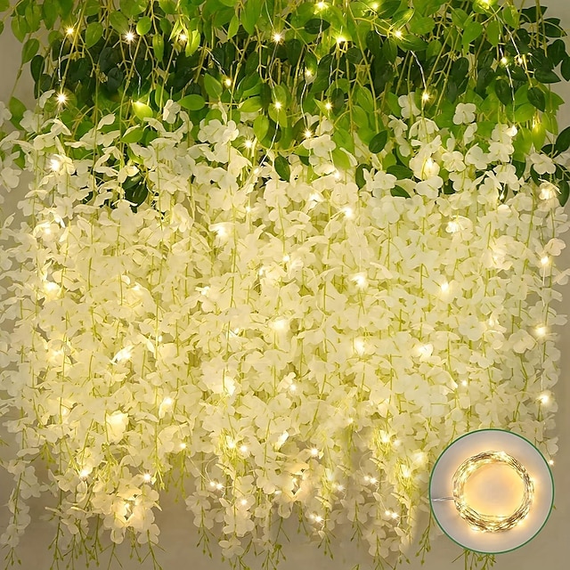  12 st vita blåregn hängande blommor med sken, konstgjorda hängande blåregnskransar för bröllopsfest hem bakgrundsväggdekorationer