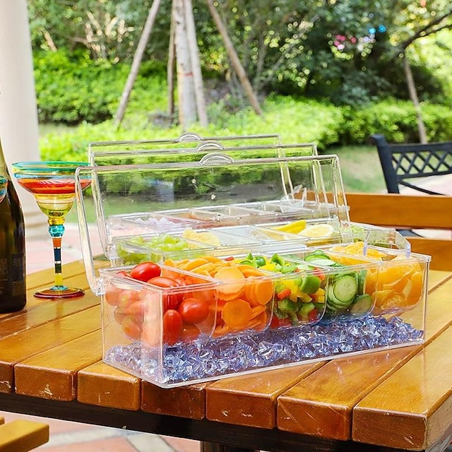  bandeja de condimentos resfriados com gelo - 4 compartimentos removíveis - tampa. caixa de plástico para conservação de alimentos frescos recipiente com sabor de frutas para separar frutas, sal,