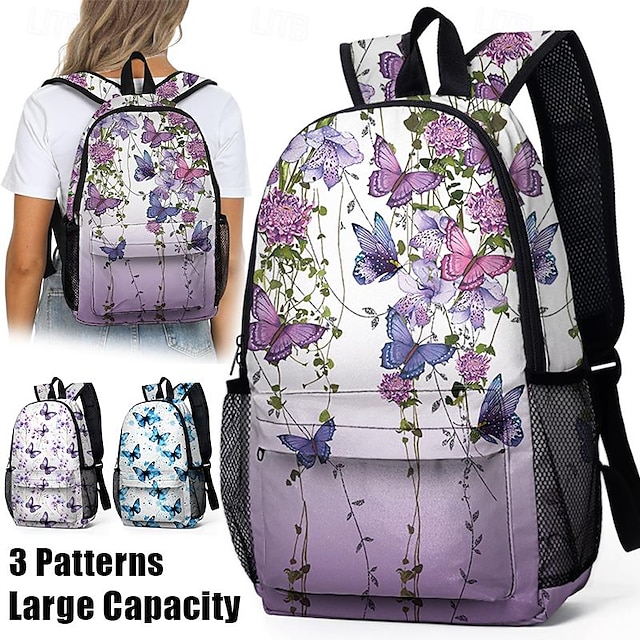  Women's Backpack School Bag Bookbag School Outdoor Daily Flower Polyester Large Capacity Lightweight Durable Zipper Print Blue Light Purple Purple