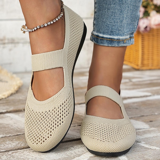 Women's Beige Knit Mary Jane Flats with Breathable Mesh Upper and Elastic Strap, Lightweight Casual Shoes for Walking, Office and Daily Wear 10