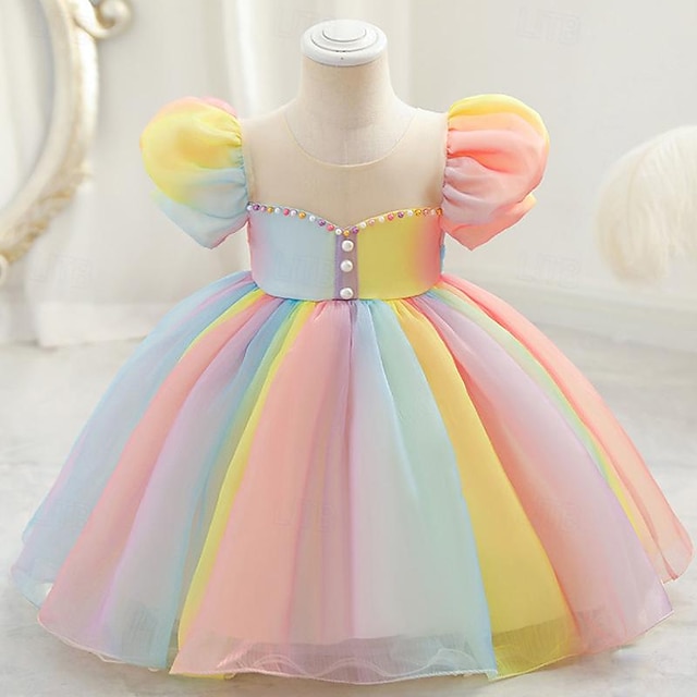  Kisgyermek Lány Party ruha Szivárvány Rövid ujjú Esküvő Parti aranyos stílus Hercegnő Poliészter Nyár Tavasz 3-7 év Színes