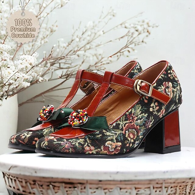  Női Magassarkúak Pompák Kézzel készített cipők Vintage cipők Esküvő Parti Bálint nap Virágos Vastag sarok Elegáns Szüret Ruhaanyag T-pánt Fekete / Vörös