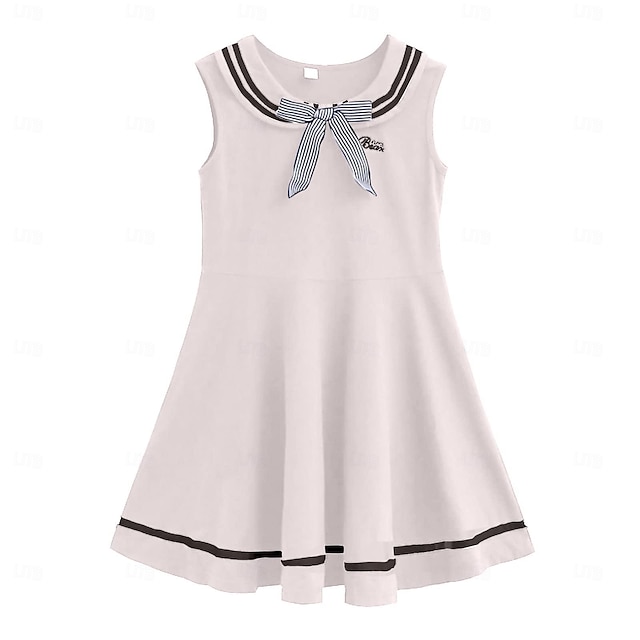  Kids Girls' Sailor Collar Retro Dress Striped Solid Color Tank Dress School Uniforms School Casual Bow Navy Blue Cotton Knee-length Cute Sweet Dresses Summer Regular Fit 3-13 Years