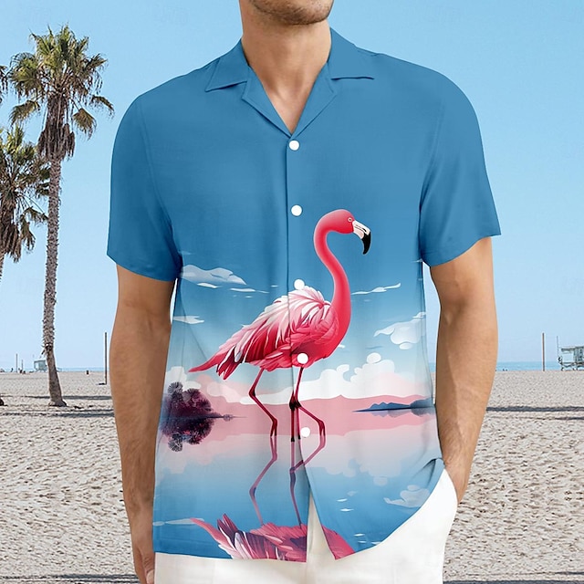  פלָמִינגוֹ חופשה הוואי סגנון נופש בגדי ריקוד גברים חולצה חגים חופשה חוף קיץ צווארון קובני שרוולים קצרים כחול ורוד / סגול תלתן S M L חולצה