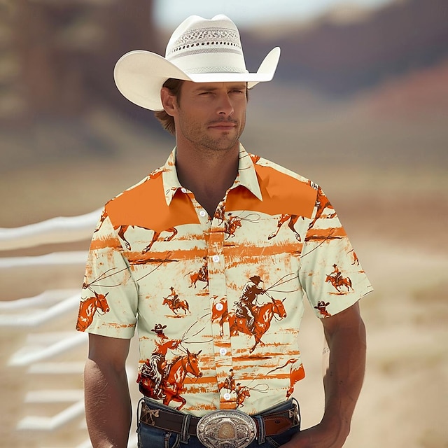  Denim western style Tribal Men's Shirt Summer Spring Shirt Collar Short Sleeve Yellow S, M, L Polyester Shirt