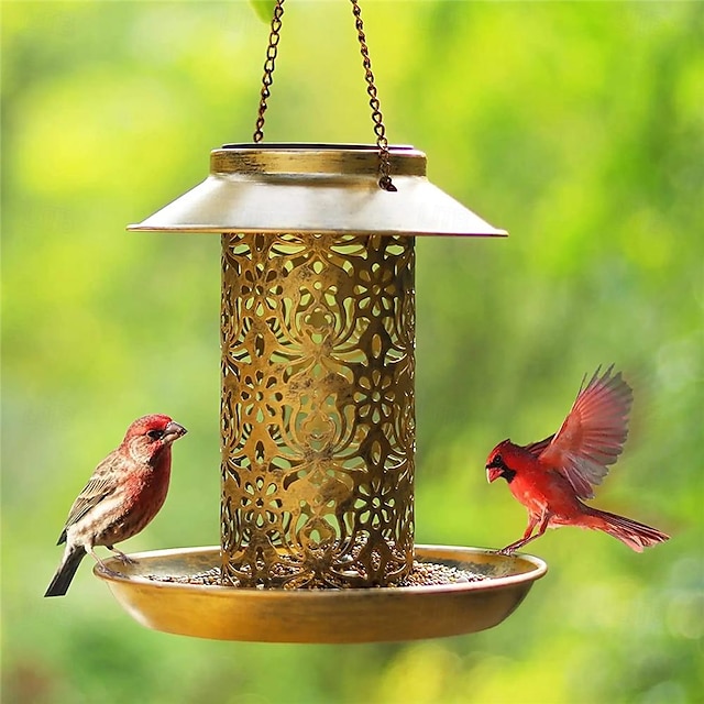  Mangiatoia solare per uccelli in metallo da appendere all'aperto, casetta per uccelli con luce a led, idee regalo per gli amanti degli uccelli, decorazione del giardino esterno