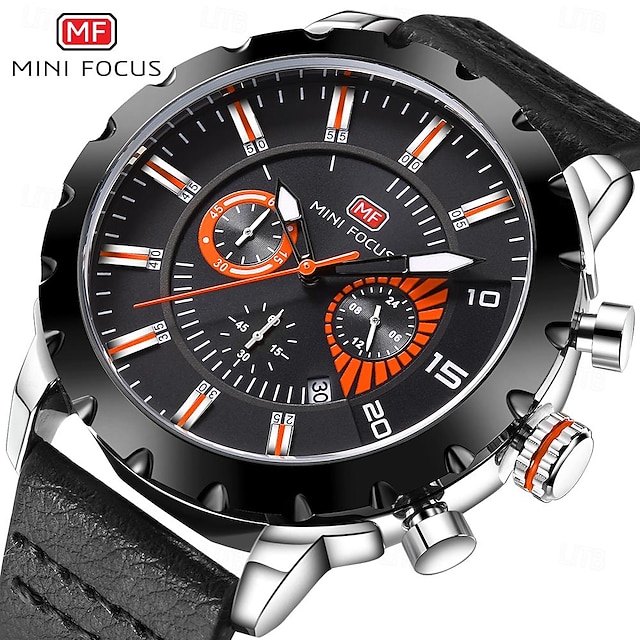  MINI FOCUS 男性 クォーツ スポーツ ファッション カジュアルウォッチ 腕時計 光る カレンダー 防水 デコレーション レザーストラップ 腕時計
