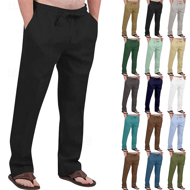  Men's Linen Pants Trousers Summer Pants Beach Pants Pocket Drawstring Elastic Waist Plain Comfort Breathable Vacation Daily Holiday Hawaiian Boho ArmyGreen Black