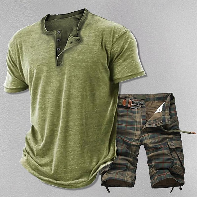  Voor heren Bijpassende sets Groen T-shirt Henley-shirt Tactische korte broek Cargoshorts Sets Korte mouw Henley Vakantie Uitgaan Ruitjes 2-stuks Polyester Zomer