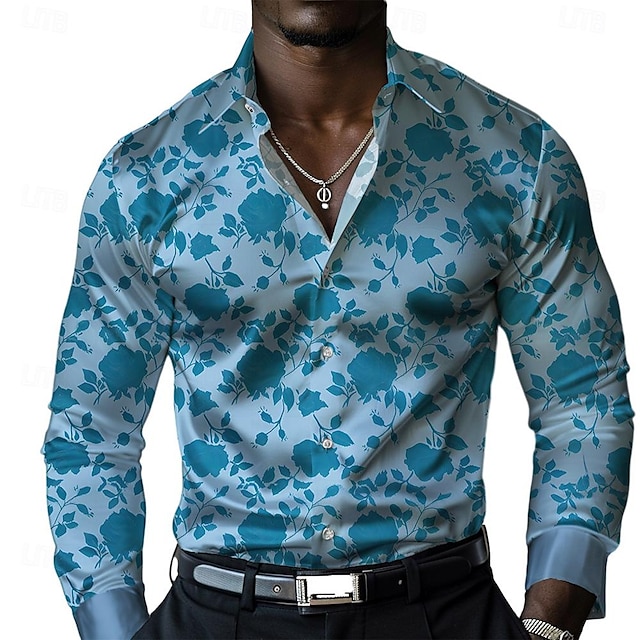  Blommig Business Casual Herr Tryckta skjortor Formell Sommar Vår Höst Nedvikt Långärmad Gul, Blå S, M, L Polyester Skjorta