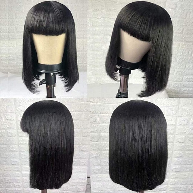  Human Hair Wigs with Bangs Human Hair Straight Short Bob Wig with Bangs Straight None Lace Front Wigs Human Hair Bob Wigs Full Machine Wigs Can Be Permed & Dye