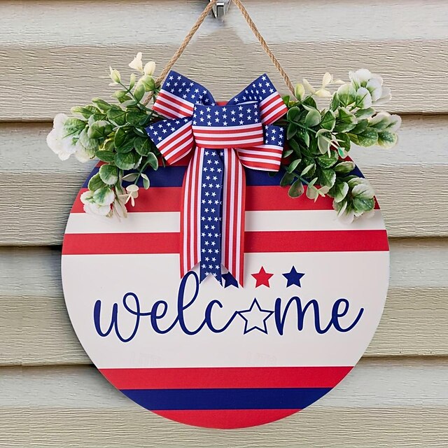  Placa de bienvenida de madera del día de la independencia: decoración del día nacional americano para el 4 de julio, decoración patriótica para colgar en la puerta/pared