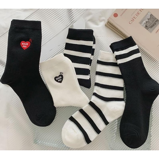  5 пар женских носков, хлопковые простые классические повседневные/повседневные носки в стиле ретро с сердечком для работы на каждый день