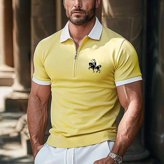  男性用 ポロ ニットポロ アウトドア ビジネス 折襟 半袖 近代の フォーマル 純色 ジッパー 夏 レギュラー イエロー ポロ