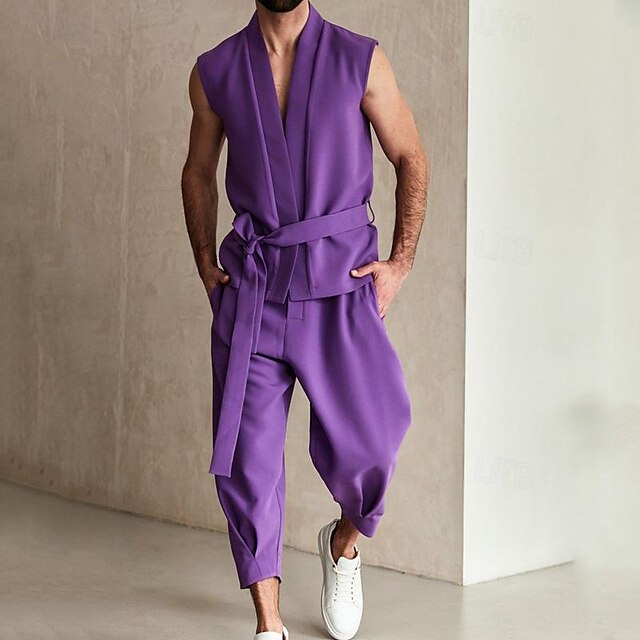  Men's Matching Sets Purple T shirt Tee Tee Top Trousers Casual Pants Sets Sleeveless V Neck Vacation Casual Daily Plain Lace up 2 Piece Polyester Spring & Summer