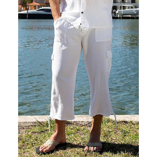  Men's Linen Pants Trousers Summer Pants Cropped Pants Beach Pants Drawstring Multi Pocket Plain Breathable Ankle-Length Outdoor Beach Hawaiian Casual White Green