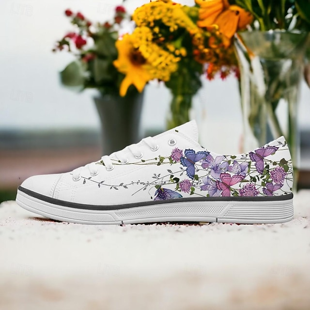  Women's Sneakers Print Shoes Plus Size Canvas Shoes Daily Vacation Travel Floral Butterfly Flat Heel Vacation Classic Casual Canvas Lace-up Pink Blue Purple