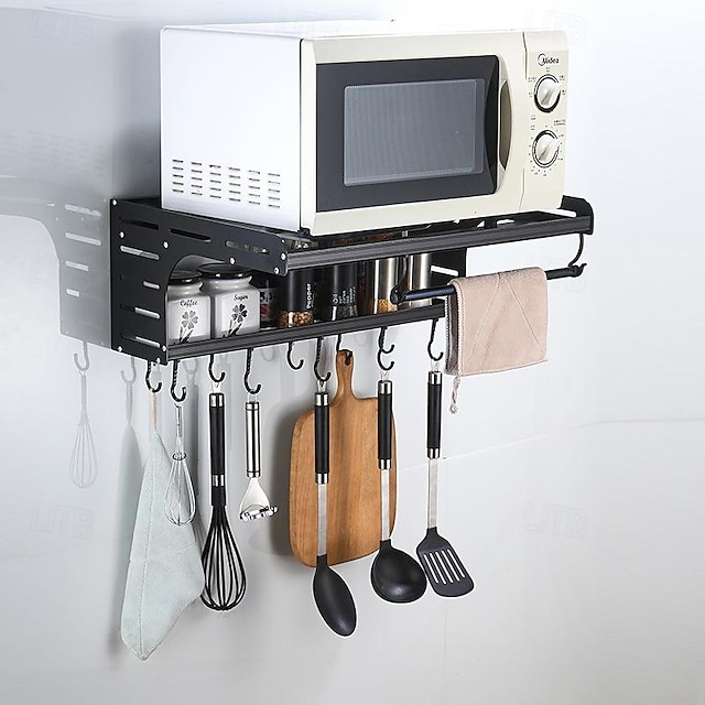  Многофункциональная кухонная стойка для микроволновой печи, черная алюминиевая настенная стойка для микроволновой печи, 2-слойный кронштейн для духовки, кухонное хранение