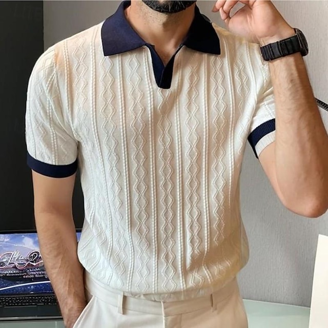  Men's Knit Polo Sweater Polo Shirt Street Casual Button Classic Short Sleeve Vintage Fashion Striped Button Front Summer Spring Fall Blue Beige Knit Polo Sweater