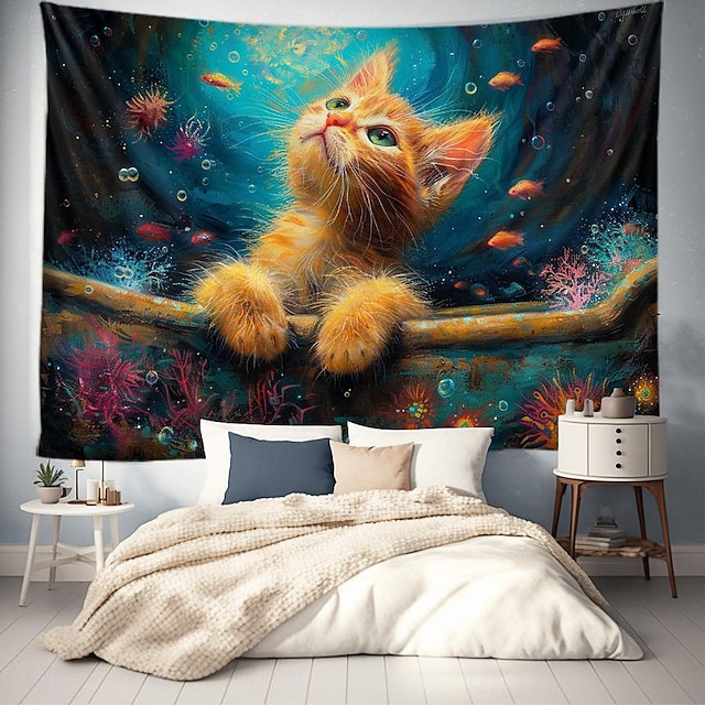  Gato ingênuo pendurado tapeçaria arte da parede grande tapeçaria mural decoração fotografia pano de fundo cobertor cortina casa quarto sala de estar decoração coruja leão