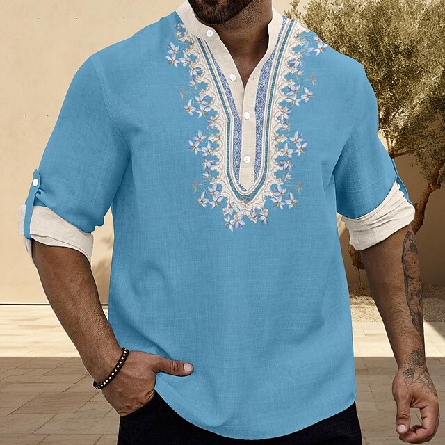 Men's Shirt Linen Shirt Button Up Shirt Long Sleeve Fashion Casual Vacation Causal Casual Summer Spring & Fall Stand Collar Buttons Print Light Blue Red Blue Green 8