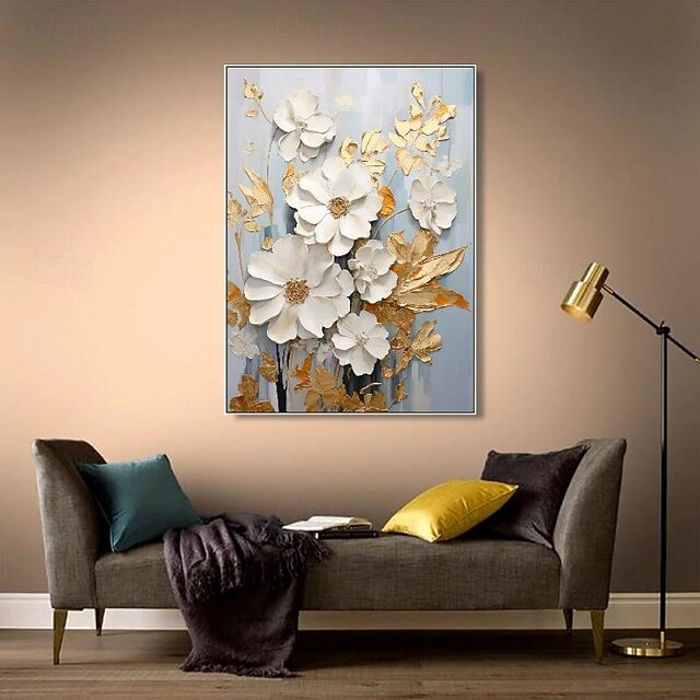 Hand painted Textured GOLD flower oil painting Wall Art Abstract White ...