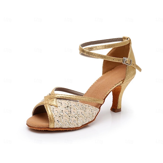  kvinders latinske sko indendørs prom sandal tilpasset hæl peep toe loafer voksen brun