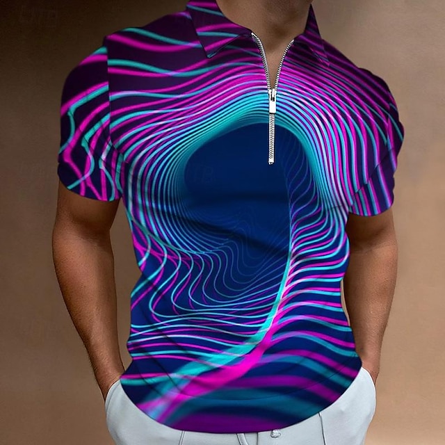  3D Grafiske tryk Herre Afslappet Trykt mønster POLO Trøje Zip Polo udendørs Gade Afslappet Polyester Aftæpning Polo skjorter Sort Blå Sommer Forår S M L Revers polo