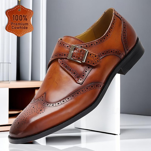  Men's Monk Strap Shoes Black Brown Tan Leather Brogue Buckle