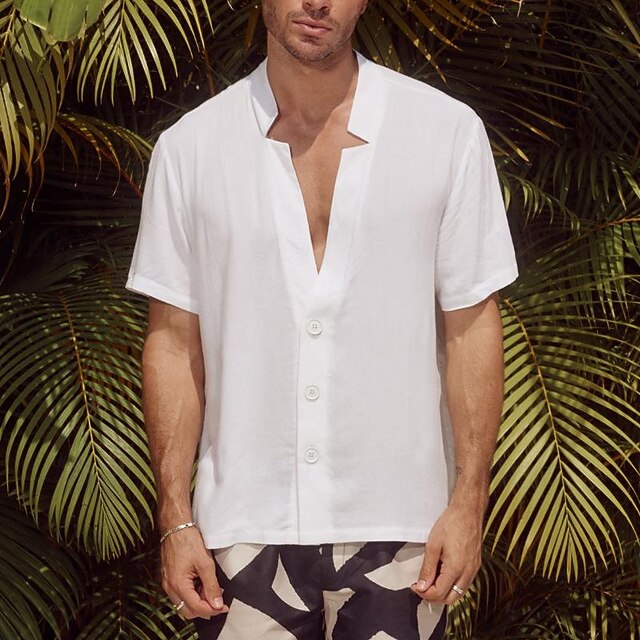 Men's Shirt Summer Shirt Casual Shirt Beach Shirt Button Up Shirt White Short Sleeve Plain V Neck Vacation Hawaiian Clothing Apparel Polyester Fashion Casual Comfortable4