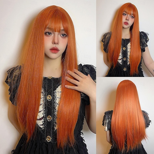  Synthetic Wig Uniforms Career Costumes Princess Straight kinky Straight Layered Haircut With Bangs Machine Made Wig 26 inch Orange Synthetic Hair Women's Cosplay Party Fashion Orange