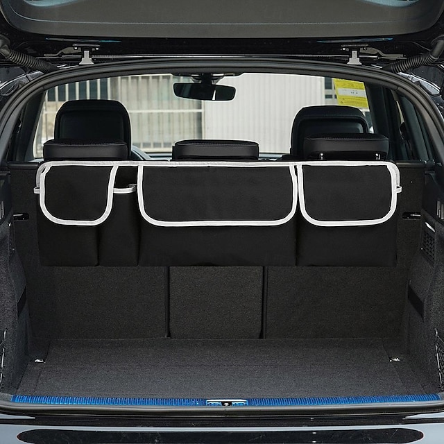  Car Trunk and Backseat Hanging Organizer - Suitable for SUVs, Trucks, MPVs, Waterproof Foldable Cargo Storage Bag with 4 Pockets, Unisex Car Interior Accessory (Black)