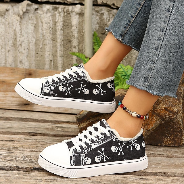  Women's Sneakers Flats Slip-Ons Plus Size Canvas Shoes Daily Floral Skull Flat Heel Round Toe Casual Preppy Walking Canvas Loafer Black White