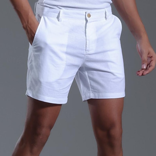  Men's Shorts Linen Shorts Summer Shorts Front Pocket Solid Color Comfort Breathable Short Casual Daily Vacation Fashion Black White Inelastic