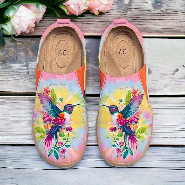  Mulheres Tênis Rasos Slip-Ons Imprimir sapatos Tênis Slip-on Diário Férias Viagem Floral Pássaro 3D Sem Salto Férias Casual Conforto Caminhada Lona Mocassim Amarelo Roxo