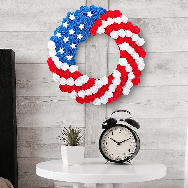  Independence Day PU Rose Wreath Door Hanger - Patriotic Decoration for Home Festive Props For Memorial Day/The Fourth of July
