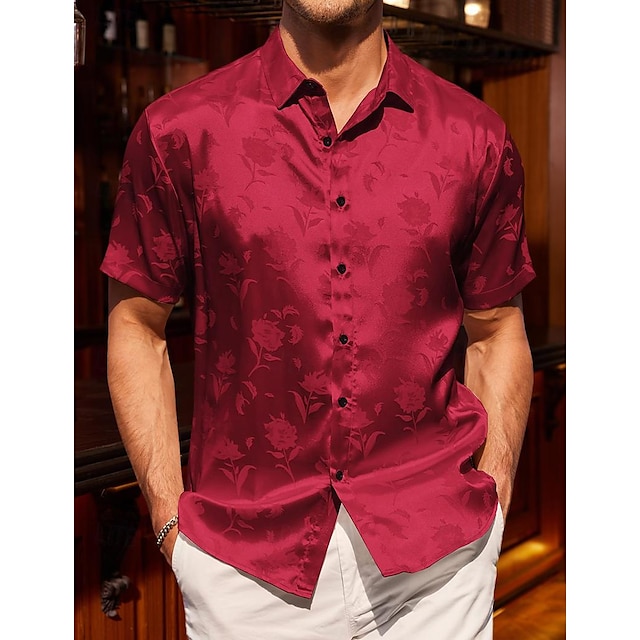  Herren Hemd Satinhemd Sommerhemd Lässiges Hemd Knopfhemd Glatt Hochzeit Urlaub Schwarz Wein Grün Kurzarm Kragen Sommer Bekleidung