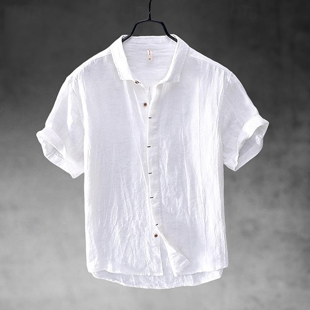  Herre Skjorte Skjorte i bomuldshør Hvid bomuldsskjorte Casual skjorte Hvid Kakifarvet Lyseblå Kortærmet Vanlig Aftæpning Sommer Gade Hawaiiansk Tøj Knap ned