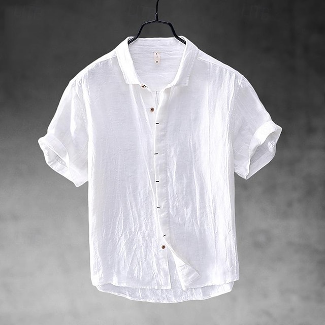  Per uomo Camicia Camicia in lino e cotone Camicia in cotone bianco Maglietta informale Bianco Cachi Azzurro Manica corta Liscio Collo ripiegabile Estate Strada Hawaiano Abbigliamento Bottone giù