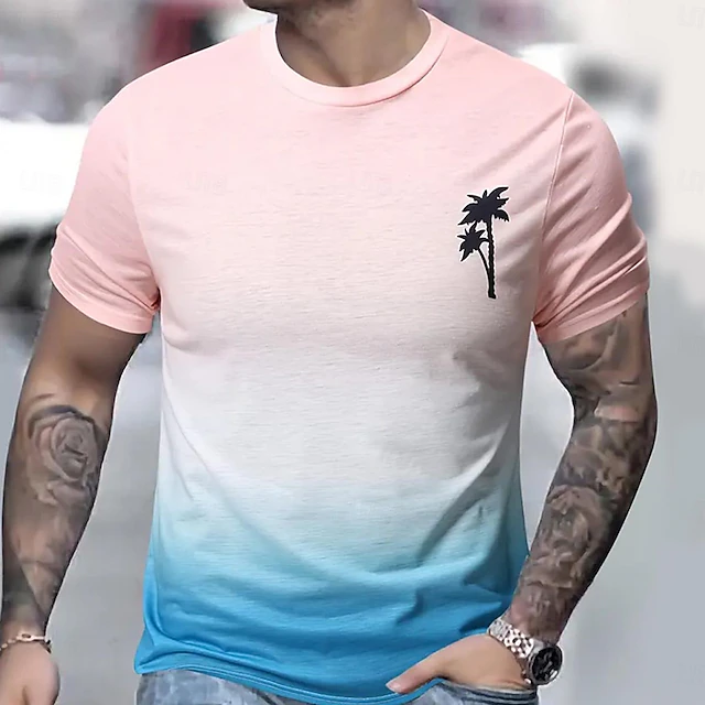 Men's Gradient Coconut Tree T Shirt Short Sleeve T shirt 3D Print Crew Neck Shirt Bohemia Fashion Outdoor Pink Summer Spring Clothing Apparel S M L XL XXL 3XL 5