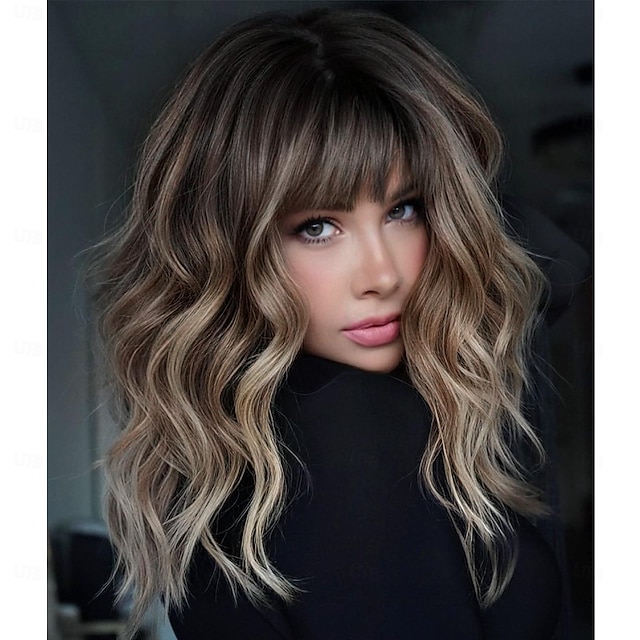  Brown Wig with Bangs,Brown Highlight Wavy Wigs for Women,Shoulder Length Curly Synthetic Hair Wig for Party Daily Use 18 inch
